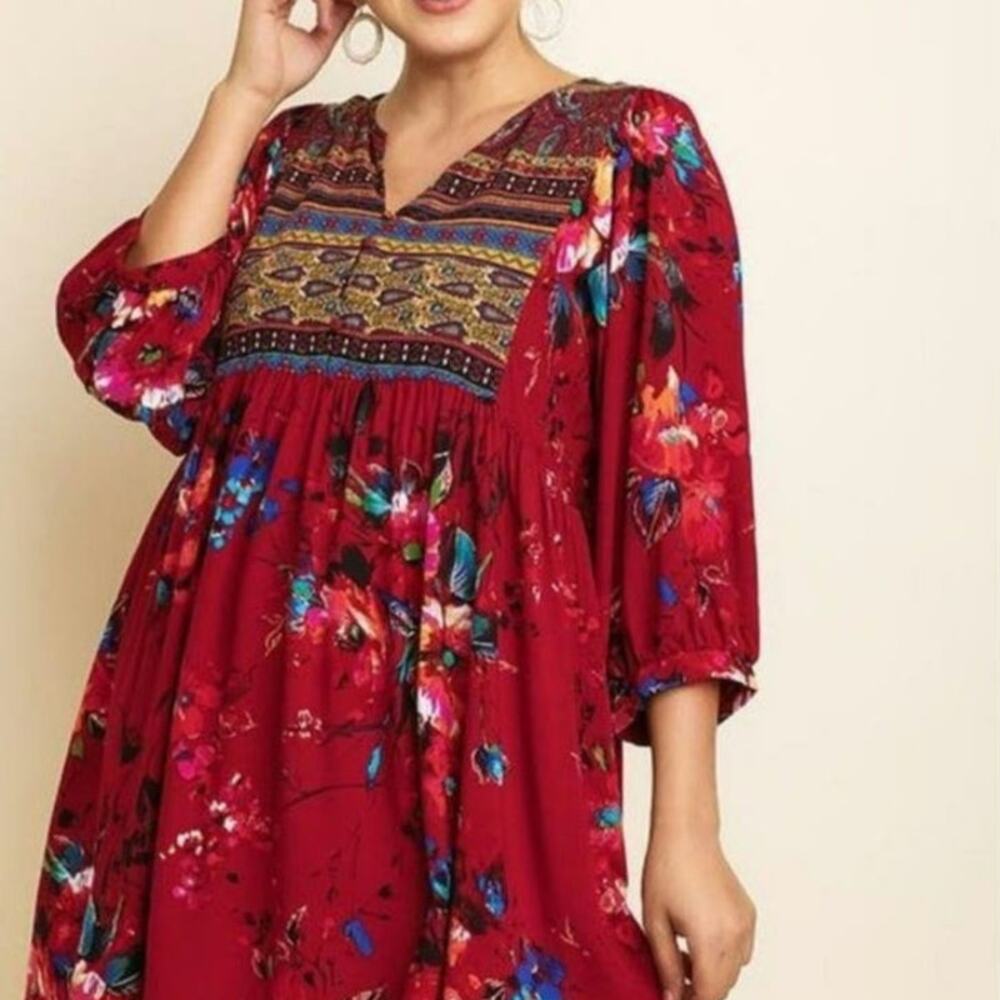 Umgee NWT floral red boho button front 3/4 sleeve mini dress woman's size small‎